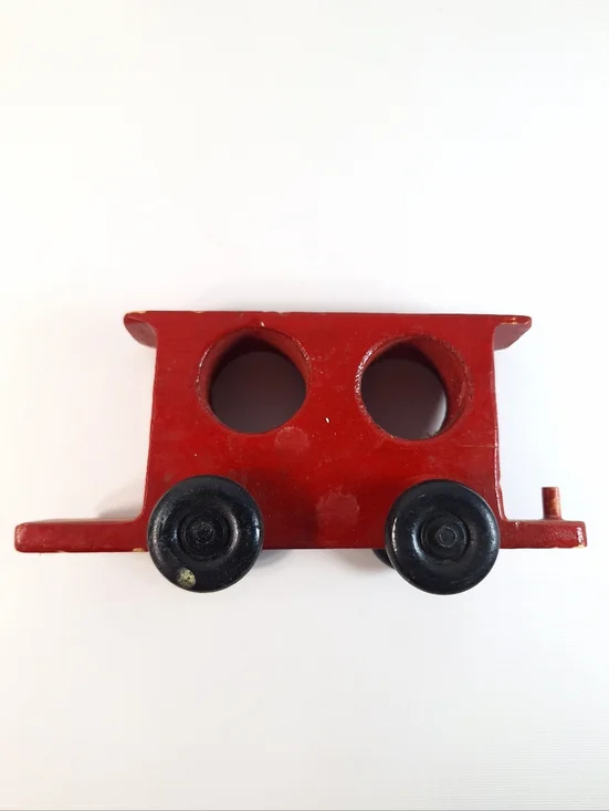 Vintage Red Wooden Toy Train Cars Set of 2 Pull-Along Locomotive & Flatbed Wagon - Picture 4 of 12